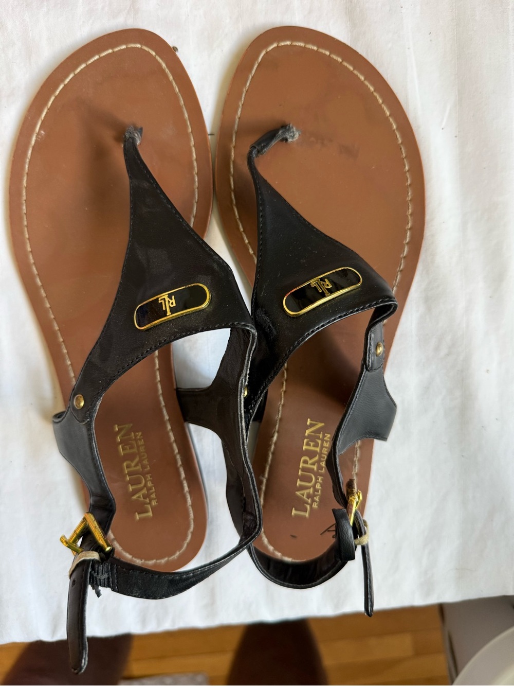 Ralph Lauren Black Leather “Parsi” T-Strap Sandals with Gold Accents - Picture 2 of 6